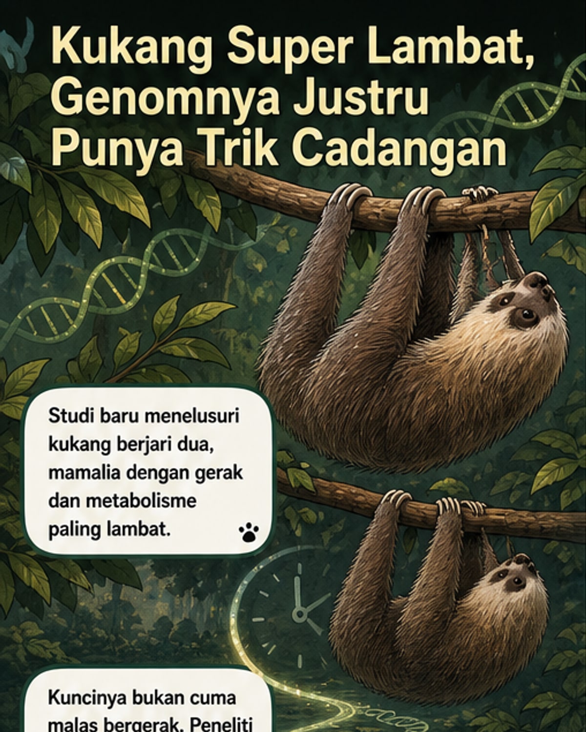 Ilustrasi kukang bergantung di cabang pohon dengan latar hutan, disertai elemen DNA dan ikon energi rendah.