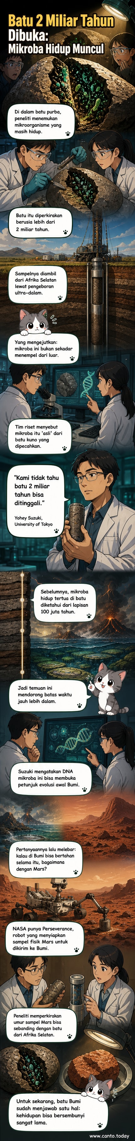 Ilustrasi mikroorganisme purba yang ditemukan hidup di dalam batuan berusia 2 miliar tahun, dengan latar belakang struktur geologi dalam dan sinar mikroskopis yang menunjukkan aktivitas biologis.