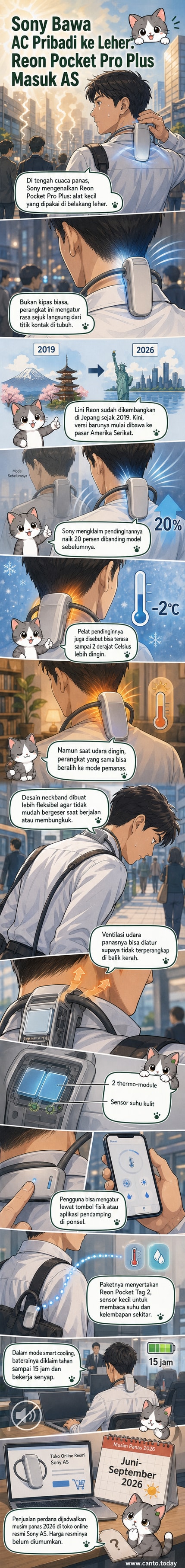 Gambar perangkat Reon Pocket Pro Plus dari Sony yang dipasang di belakang leher, menunjukkan desain neckband fleksibel dan antarmuka kontrol suhu.