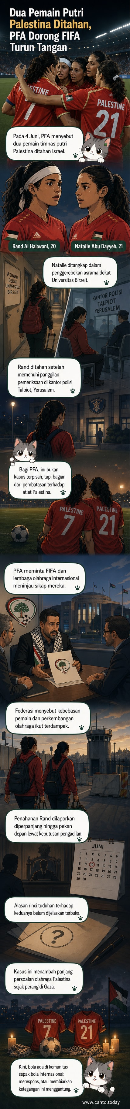 Ilustrasi dua pemain sepak bola wanita Palestina berdiri di tengah stadion dengan bendera Palestina, diawasi oleh petugas keamanan bersenjata di latar belakang.