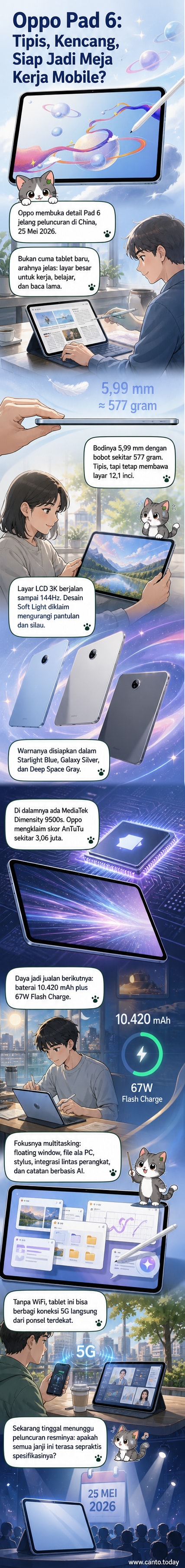Ilustrasi Oppo Pad 6 dengan layar besar, desain tipis, dan stylus terpasang di samping, menunjukkan penggunaan produktivitas dan fitur AI.