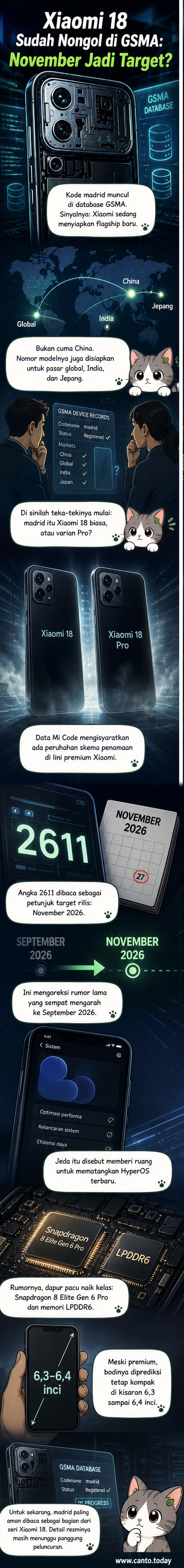 Ilustrasi smartphone Xiaomi 18 dengan layar melengkung dan tiga kamera belakang dalam bingkai persegi, latar belakang database GSMA dan simbol teknologi global.