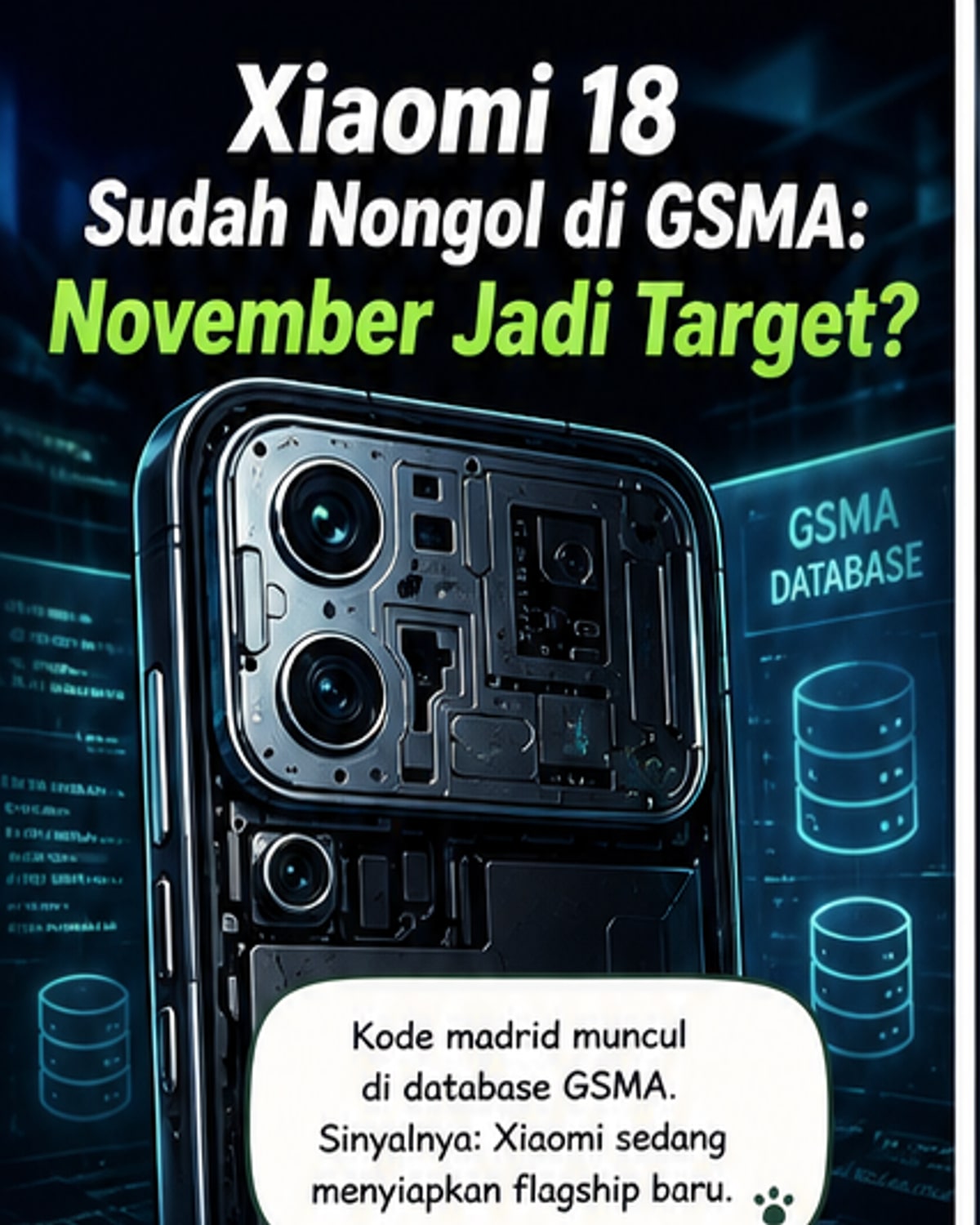 Ilustrasi smartphone Xiaomi 18 dengan layar melengkung dan tiga kamera belakang dalam bingkai persegi, latar belakang database GSMA dan simbol teknologi global.