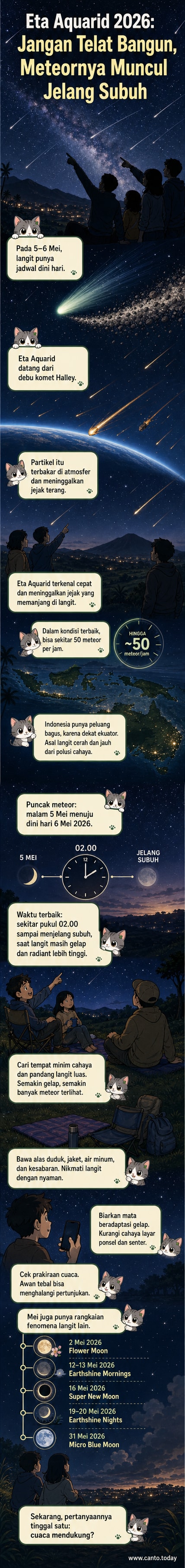 Ilustrasi hujan meteor Eta Aquarid di langit malam dengan jejak cahaya dari komet Halley, dilihat dari lokasi terbuka di Indonesia