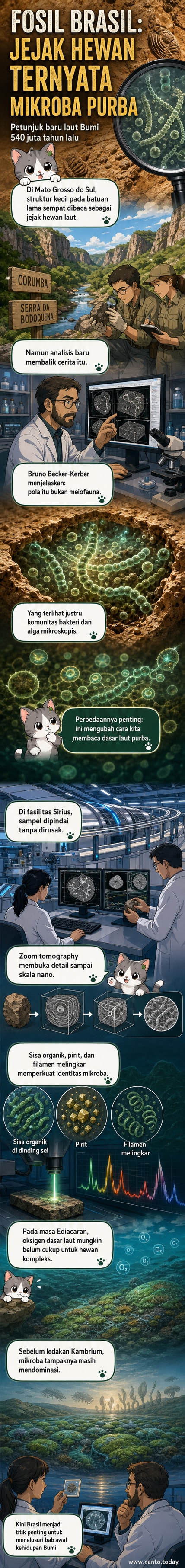Ilustrasi webtoon ilmiah menunjukkan lautan purba 540 juta tahun lalu dengan komunitas mikroba di dasar laut, berdasarkan fosil dari Brasil.