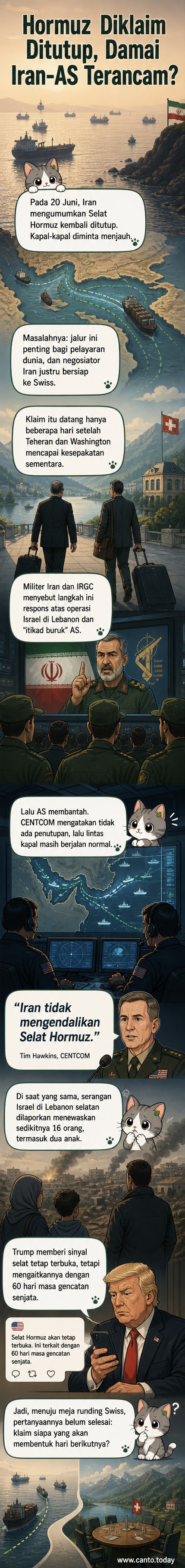 Ilustrasi kapal tanker di Selat Hormuz dengan siluet militer Iran dan kapal perang AS, latar belakang langit gelap dan konflik regional yang memanas.
