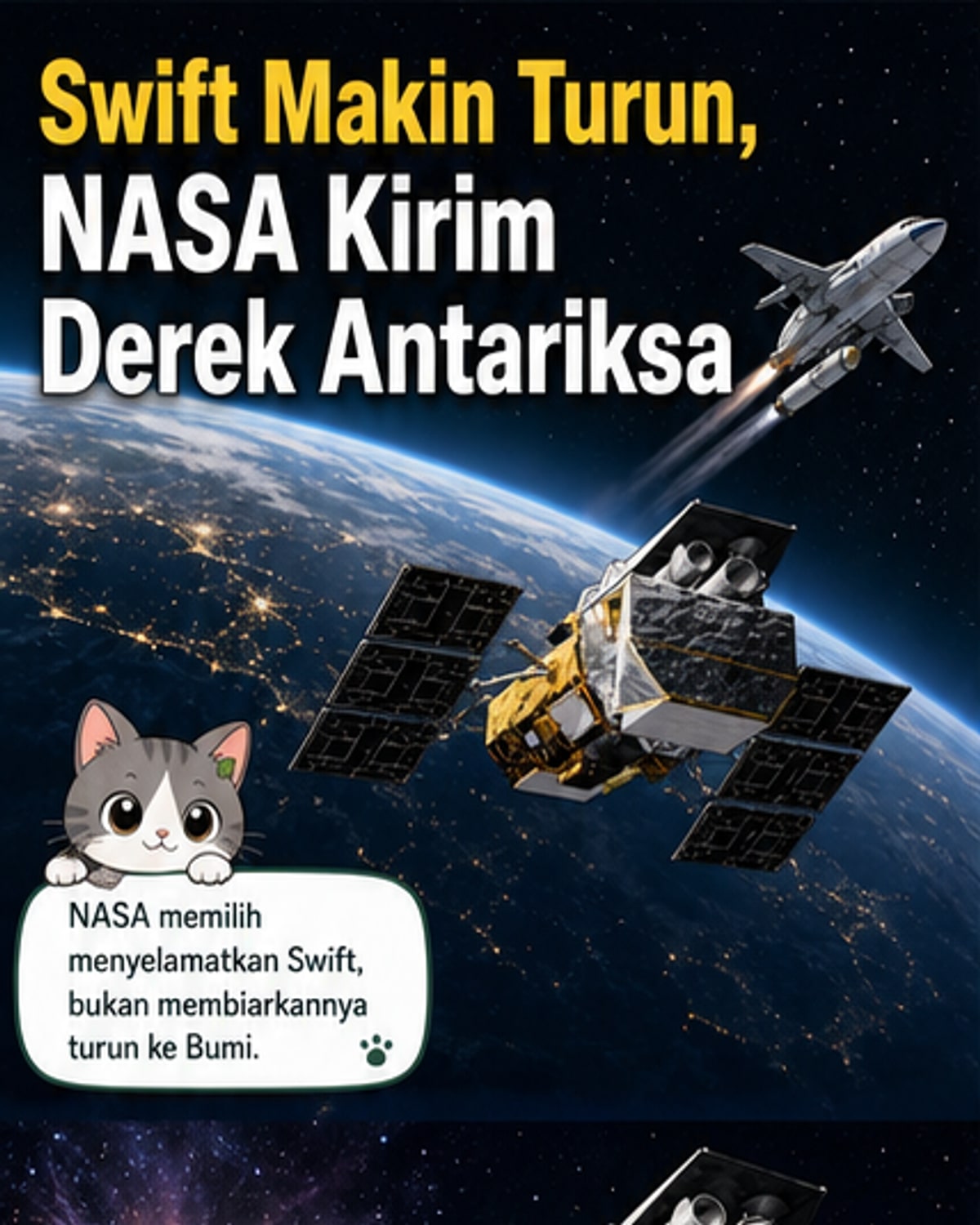 Ilustrasi wahana Link menarik teleskop Swift di orbit Bumi, dengan latar belakang Bumi dan luar angkasa gelap.
