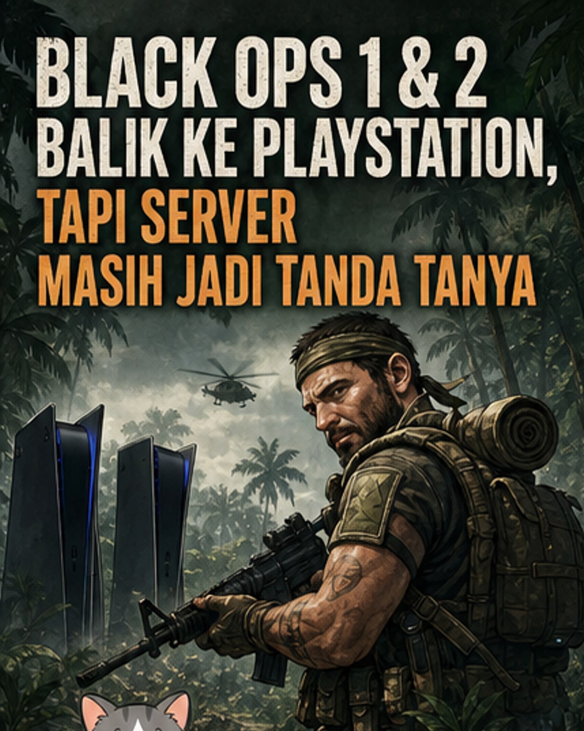 Ilustrasi dua karakter tentara dari game Call of Duty: Black Ops 1 dan 2 berdiri di samping logo PlayStation 4 dan 5, dengan latar belakang ledakan dan efek digital.