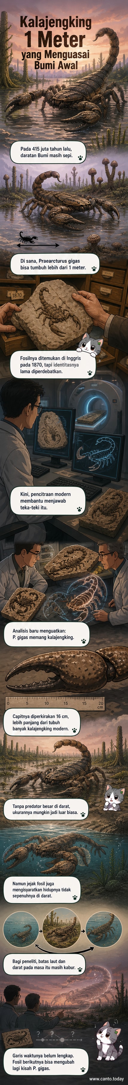 Ilustrasi kalajengking raksasa Praearcturus gigas sepanjang 1 meter berjalan di dataran banjir purba, dikelilingi tumbuhan primitif dan latar belakang lautan purba.