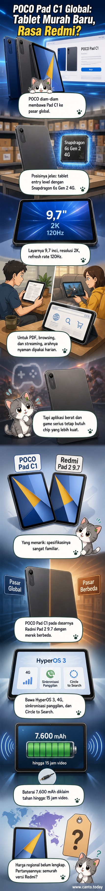 Ilustrasi tablet POCO Pad C1 dengan layar menyala, menampilkan spesifikasi utama seperti chipset Snapdragon 6s Gen 2, layar 2K, dan baterai 7.600mAh.