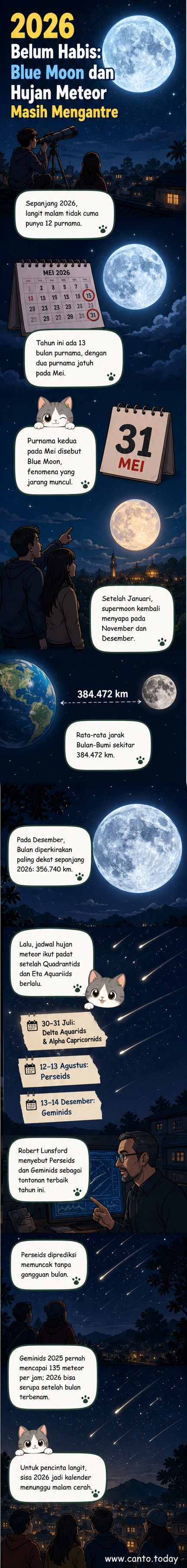 Ilustrasi langit malam dengan bulan purnama besar dan lintasan meteor bersinar terang di atas hamparan bumi, simbol fenomena astronomi 2026