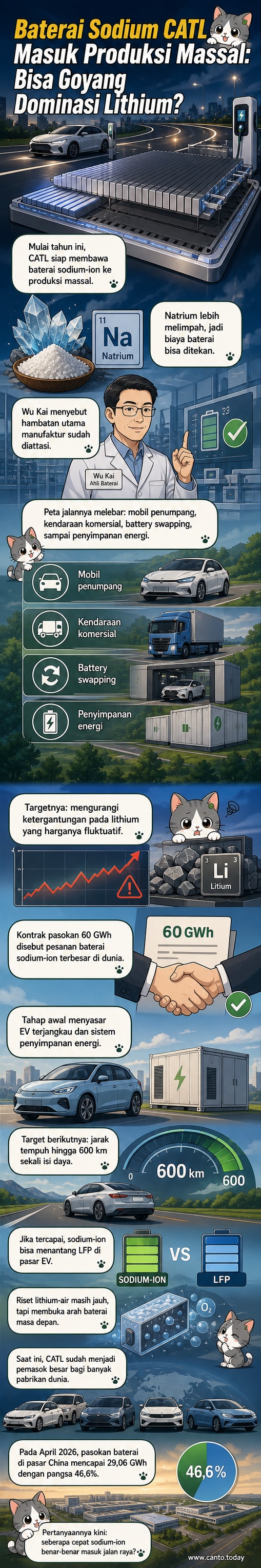 Ilustrasi baterai sodium-ion generasi baru CATL dengan kendaraan listrik dan ikon energi terbarukan di latar belakang