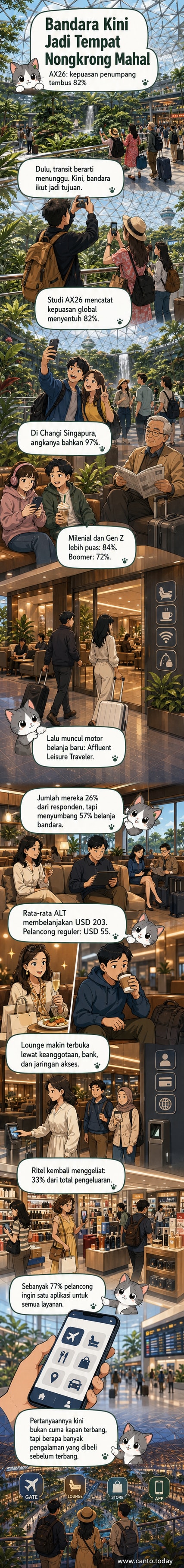 Ilustrasi bandara modern dengan lounge mewah, toko duty-free, dan penumpang menggunakan aplikasi di ponsel sambil bersantai.