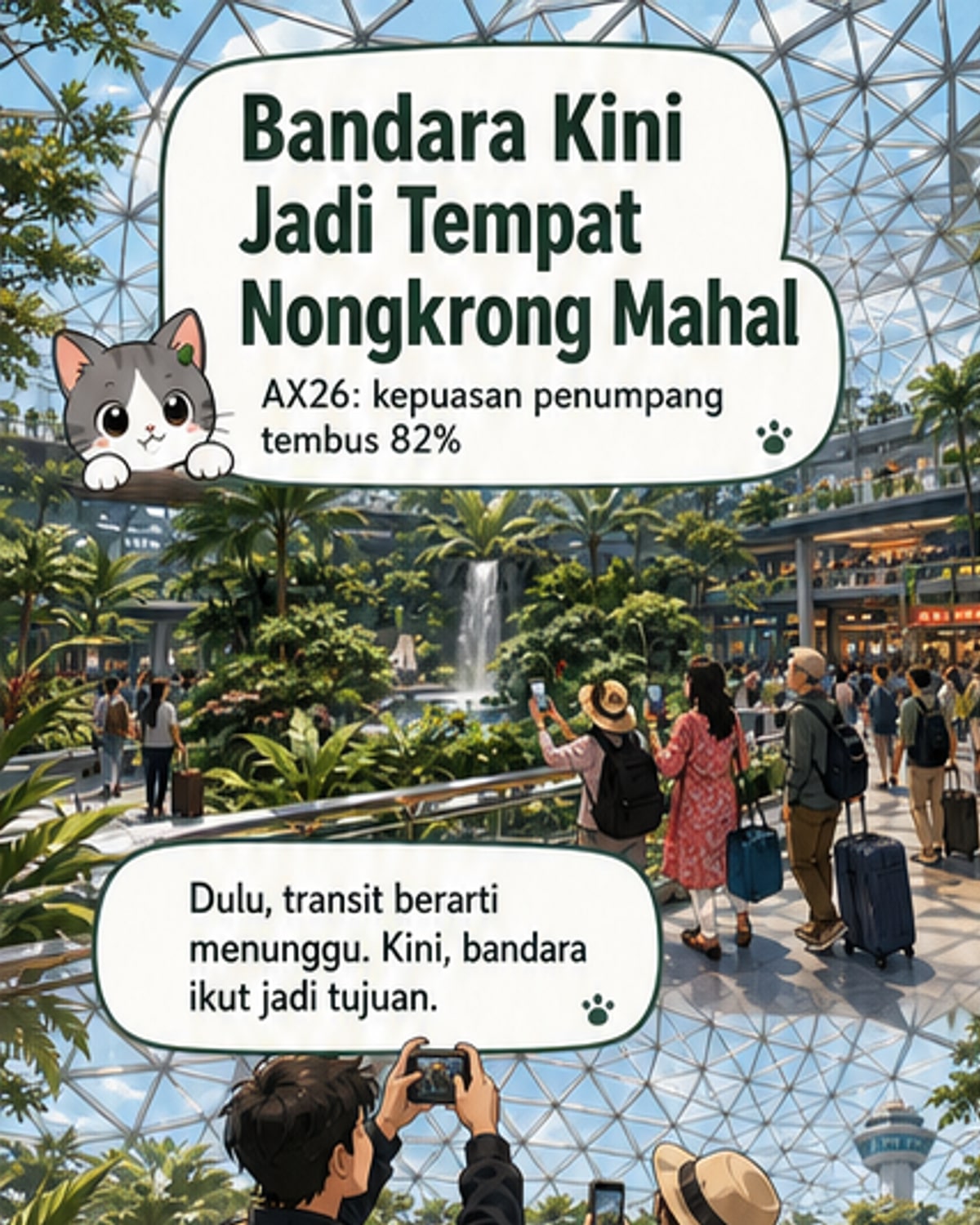 Ilustrasi bandara modern dengan lounge mewah, toko duty-free, dan penumpang menggunakan aplikasi di ponsel sambil bersantai.
