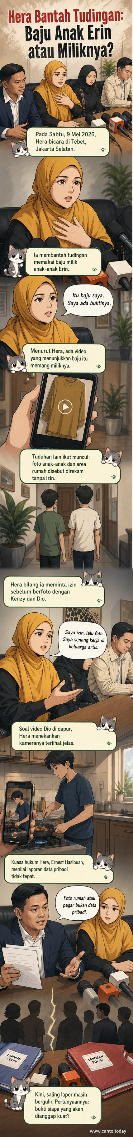Ilustrasi dua wanita berdiri saling memunggungi, satu memegang baju, latar belakang rumah mewah dan kamera kecil mengintai di sudut.