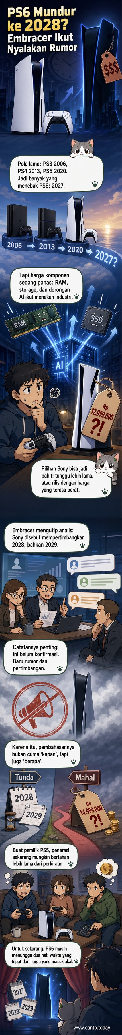 Ilustrasi konsol PlayStation dengan kalender yang menunjukkan tahun 2028, menggambarkan kemungkinan penundaan peluncuran PS6 akibat krisis komponen dan tekanan pasar AI.