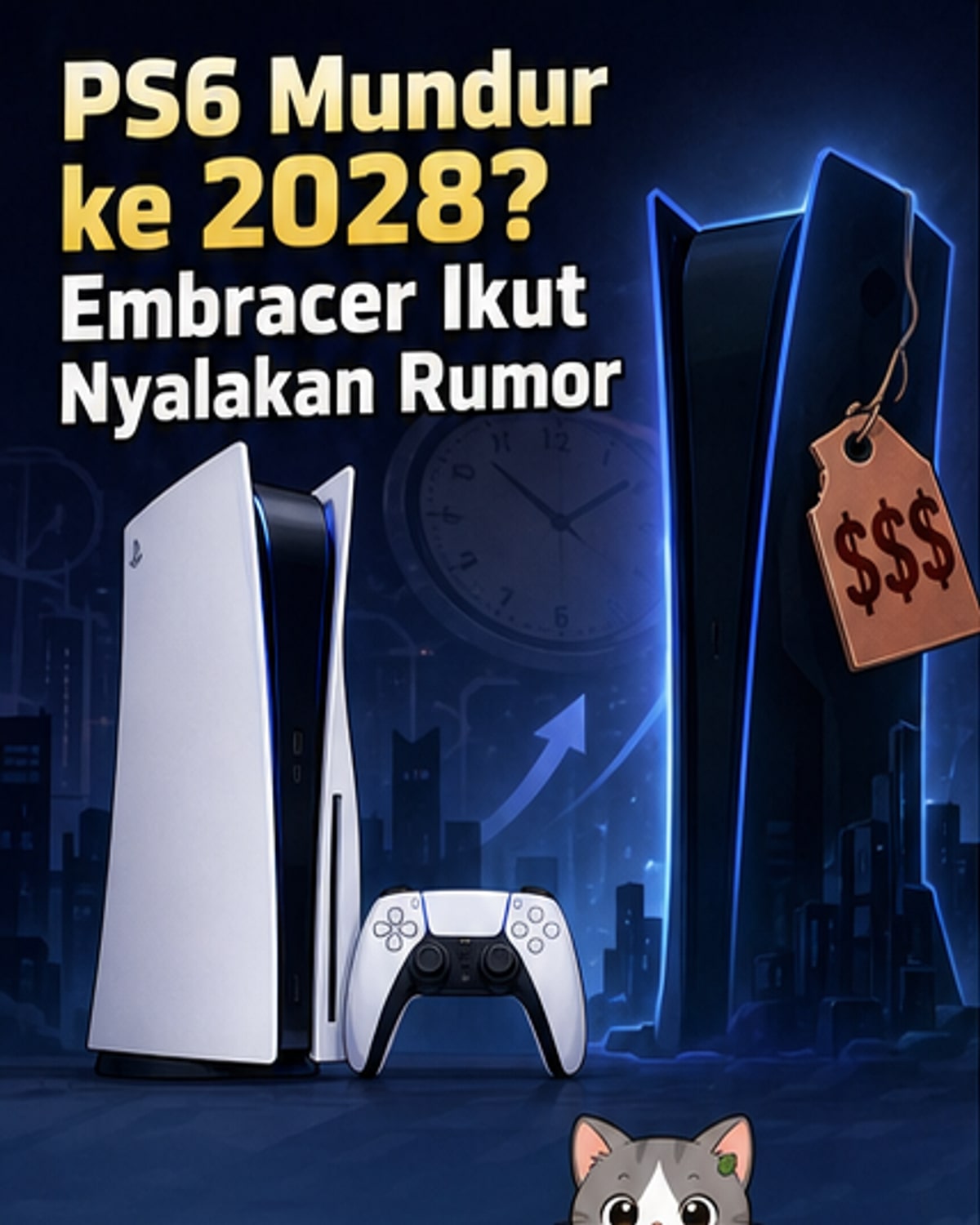 Ilustrasi konsol PlayStation dengan kalender yang menunjukkan tahun 2028, menggambarkan kemungkinan penundaan peluncuran PS6 akibat krisis komponen dan tekanan pasar AI.