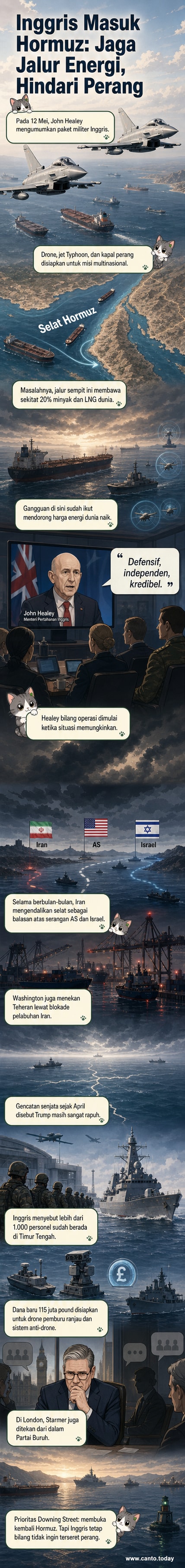 Ilustrasi jet tempur Inggris dan kapal perang bergerak menuju Selat Hormuz di tengah kapal-kapal dagang, dengan latar ketegangan regional.