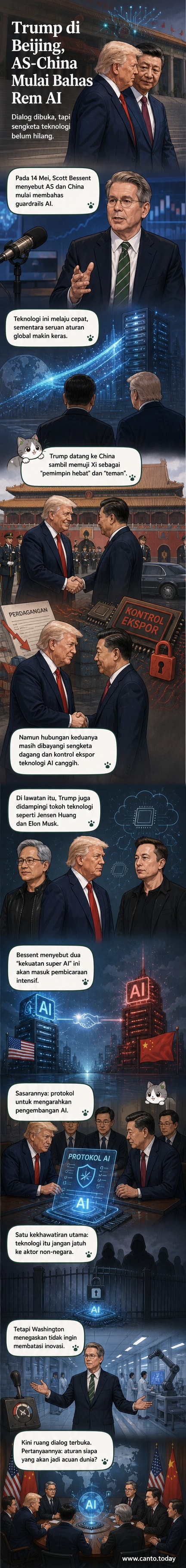 Ilustrasi pertemuan Trump dan Xi di tengah simbol AI dan chip komputer, dengan latar belakang Gedung Putih dan Kota Terlarang.