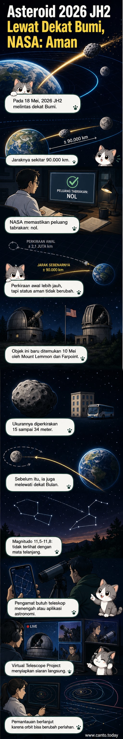 Ilustrasi asteroid kecil melintas dekat Bumi pada malam hari, dengan Bumi dan Bulan dalam bingkai, serta lintasan orbit yang ditandai.