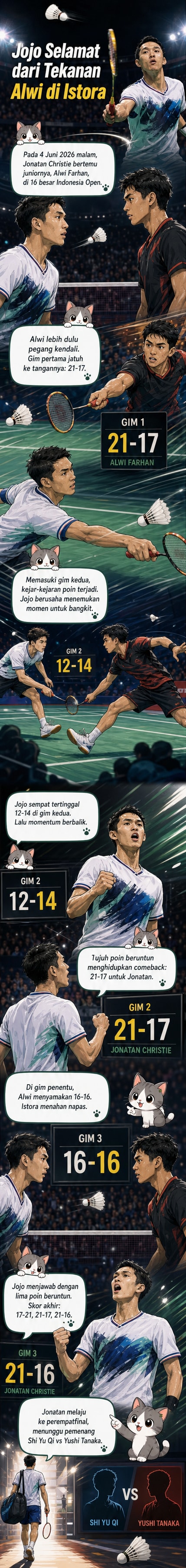 Dua pebulutangkis Indonesia beradu di lapangan bulutangkis Istora Senayan, salah satu melakukan smash sementara lawannya bertahan.