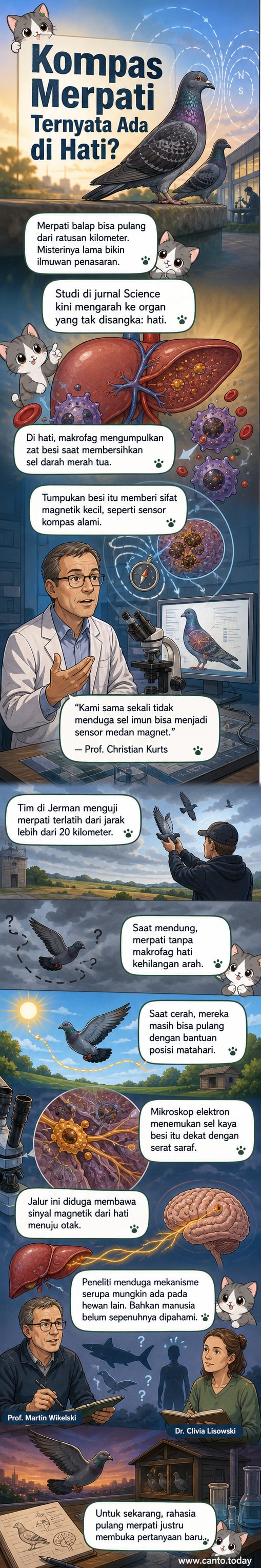 Ilustrasi burung merpati terbang di atas kota dengan simbol magnet dan jalur saraf dari hati ke otak, menunjukkan sistem navigasi internal berbasis medan magnet.