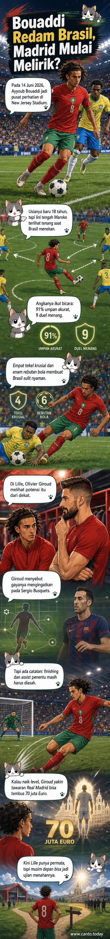 Gelandang muda Maroko, Ayyoub Bouaddi, bermain di tengah lapangan saat pertandingan Piala Dunia melawan Brasil, dengan jersey timnas dan sorotan lampu stadion.