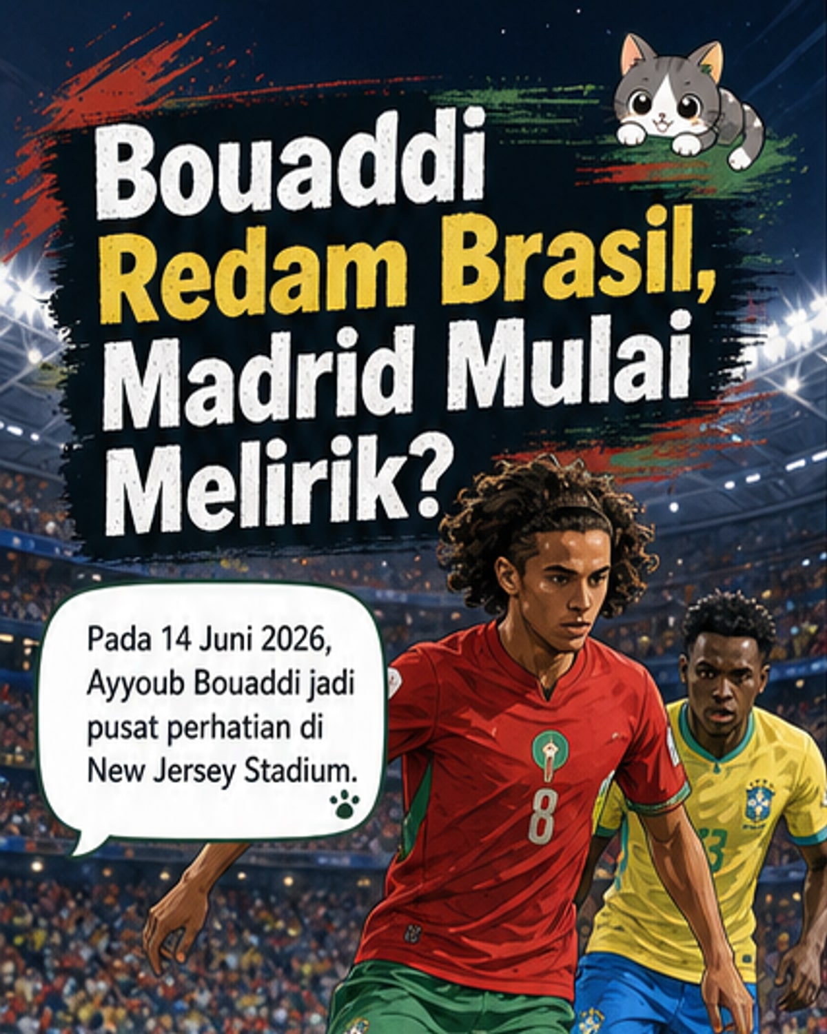 Gelandang muda Maroko, Ayyoub Bouaddi, bermain di tengah lapangan saat pertandingan Piala Dunia melawan Brasil, dengan jersey timnas dan sorotan lampu stadion.