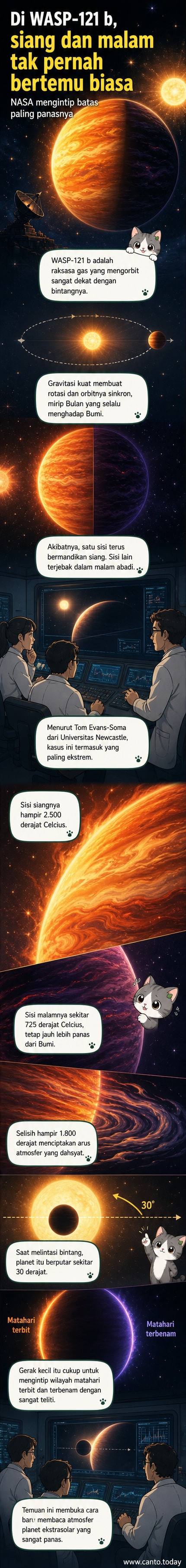 Ilustrasi eksoplanet WASP-121b dengan sisi siang membara dan sisi malam gelap, menunjukkan perbedaan suhu ekstrem dan arus atmosfer yang menghubungkan keduanya.