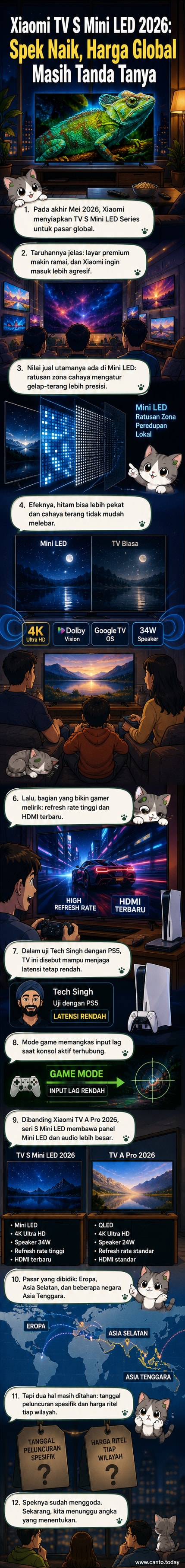 Ilustrasi televisi Xiaomi S Mini LED 2026 dengan layar besar, menampilkan visual Dolby Vision tajam dan desain tipis modern, dikelilingi aksesori gaming seperti konsol PS5 dan speaker.