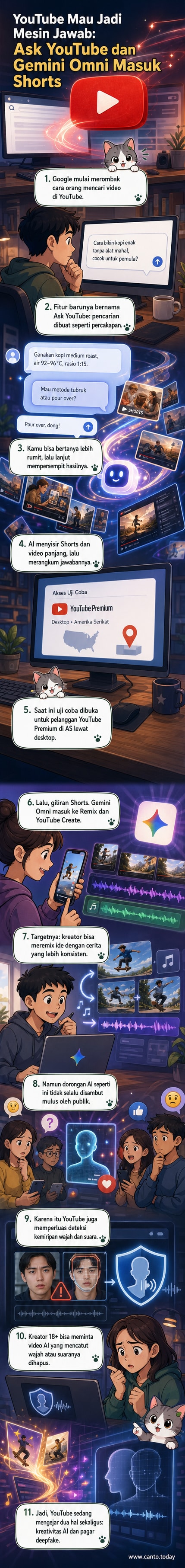 Ilustrasi antarmuka YouTube dengan fitur pencarian berbasis AI dan ikon Gemini Omni di samping video Shorts.