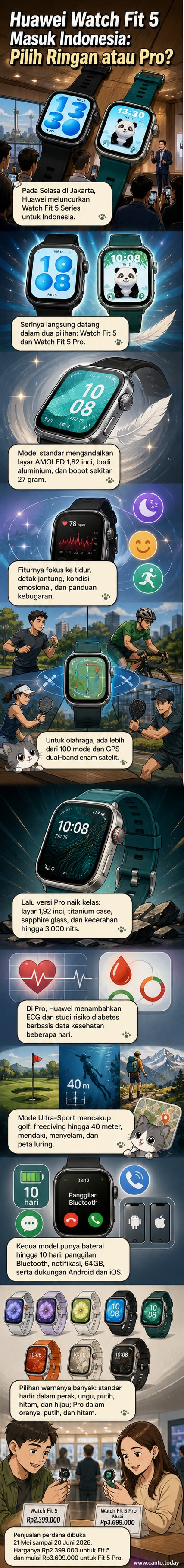 Ilustrasi dua varian Huawei Watch Fit 5 Series dengan tampilan layar dan fitur kesehatan yang ditampilkan secara berdampingan.