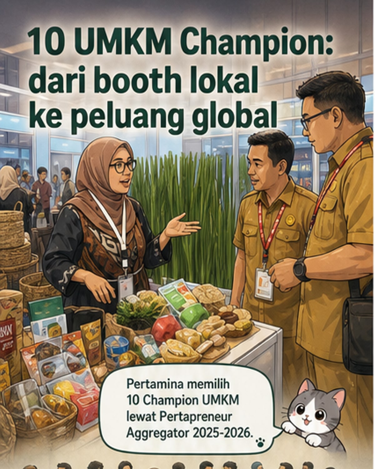 Ilustrasi 10 pelaku UMKM menerima penghargaan dari Pertamina, dengan latar belakang logo program Pertapreneur Aggregator dan simbol ekspor global.