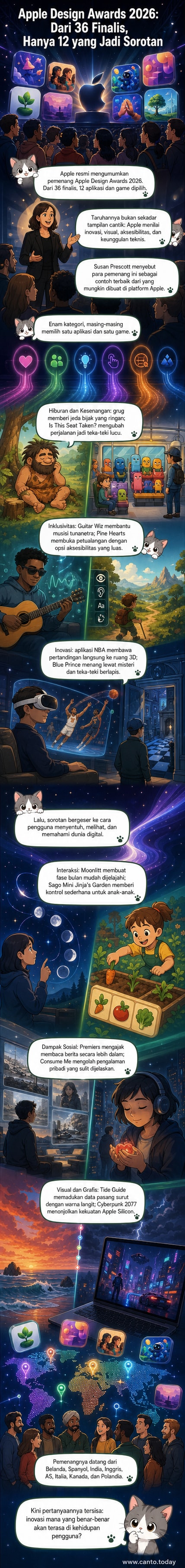 Ilustrasi gaya webtoon dari logo Apple Design Awards 2026 dengan deretan ikon aplikasi dan game pemenang mengelilinginya, termasuk grug, Guitar Wiz, dan Cyberpunk 2077.