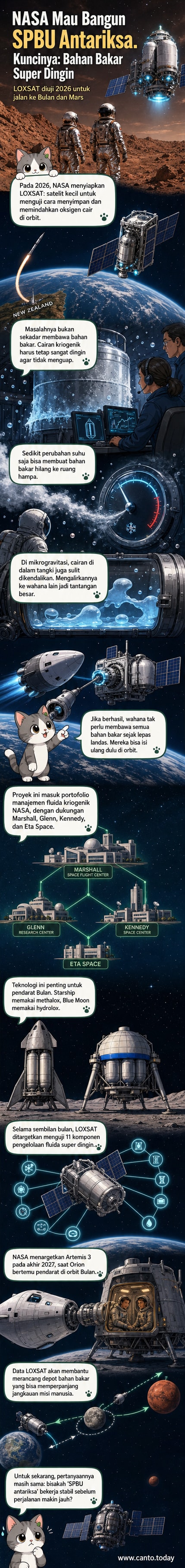 Ilustrasi satelit LOXSAT mengorbit Bumi dengan sistem pengisian bahan bakar kriogenik di luar angkasa, latar belakang Bulan dan Mars
