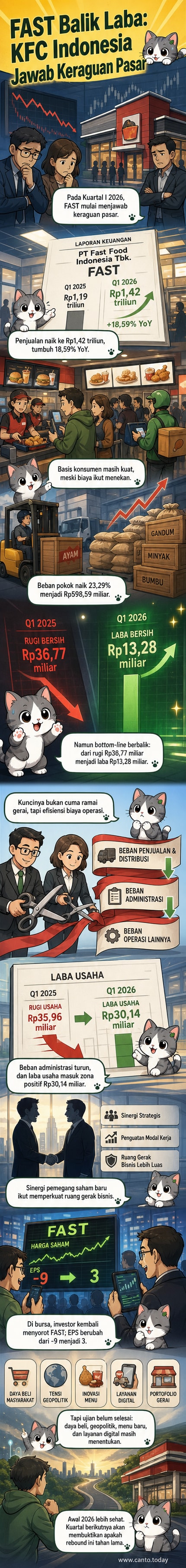 Grafik pertumbuhan laba KFC Indonesia dari rugi ke laba besar dalam satu tahun, dengan ilustrasi ayam goreng dan grafik keuangan naik tajam.