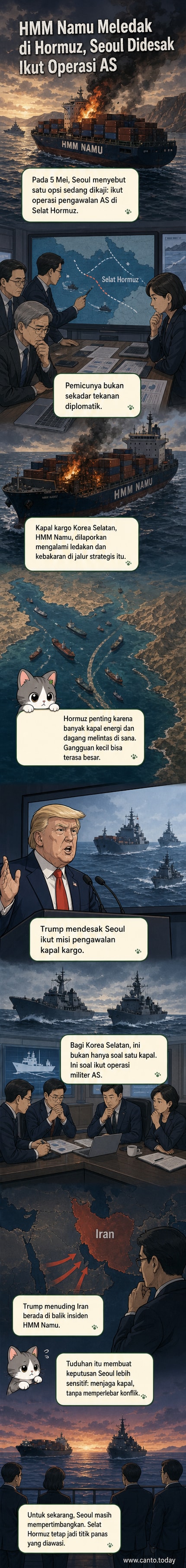 Ilustrasi kapal kargo terbakar di Selat Hormuz dengan siluet kapal perang dan bendera Korea Selatan serta Amerika Serikat di latar belakang.