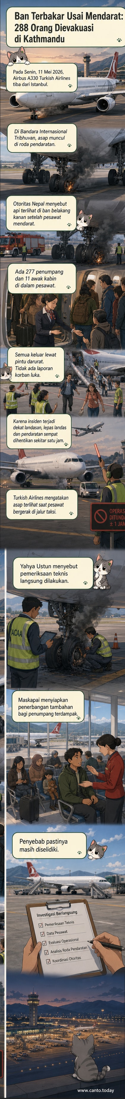 Ilustrasi pesawat Turkish Airlines jenis Airbus A330 terbakar di landasan pacu Bandara Internasional Tribhuvan, Kathmandu, dengan asap mengepul dari roda pendaratan belakang kanan.