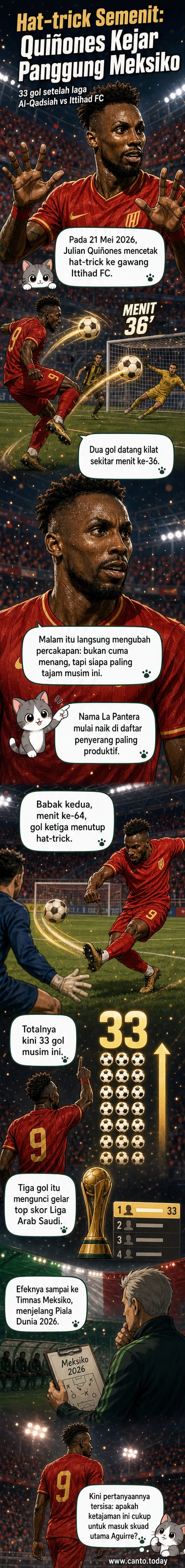 Ilustrasi penyerang Meksiko Julián Quiñones merayakan gol ketiganya dengan pose singa, jersey Al-Qadsiah, latar stadion Arab Saudi penuh penonton.