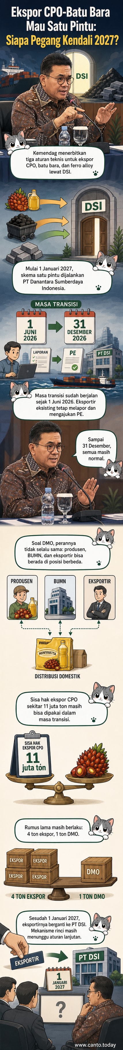 Ilustrasi aliran ekspor CPO dan batu bara yang kini dikelola oleh PT DSI, dengan latar gedung kementerian dan kapal pengangkut komoditas.