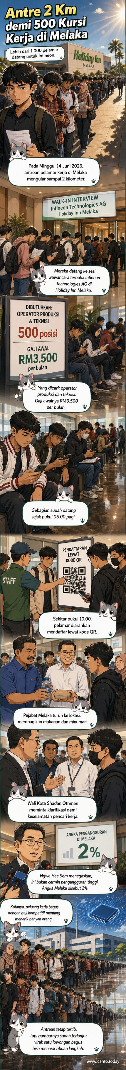 Ilustrasi antrean panjang warga di bawah terik matahari di depan Hotel Holiday Inn Melaka, mendaftar pekerjaan di pabrik semikonduktor Infineon.