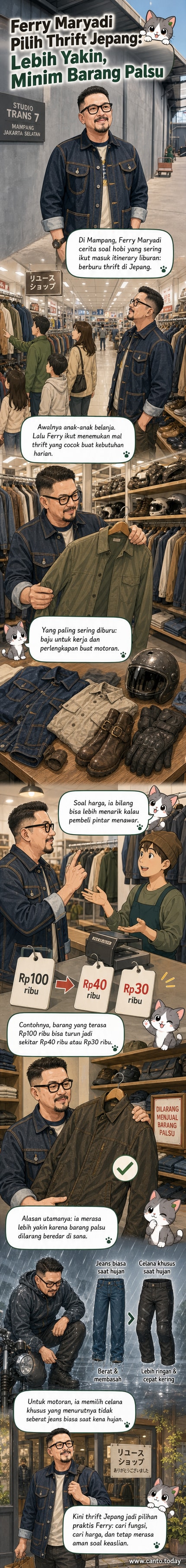 Ilustrasi Ferry Maryadi sedang memilih pakaian di toko thrift di Jepang, dengan rak pakaian bekas dan suasana toko yang rapi di latar belakang.