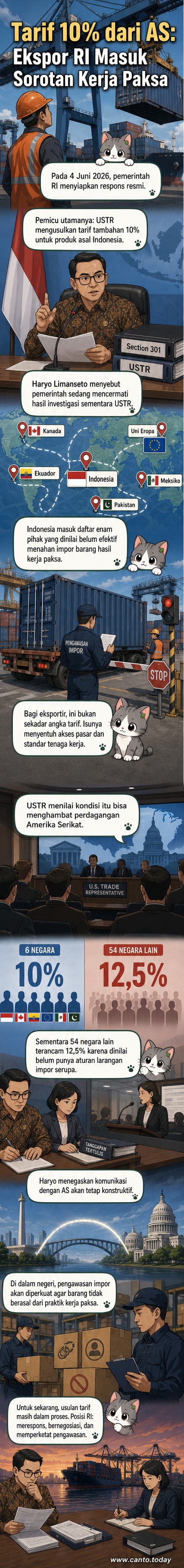 Ilustrasi dua peti kemas dengan bendera Indonesia dan Amerika Serikat, salah satunya diberi tanda larangan dan simbol tarif tambahan.