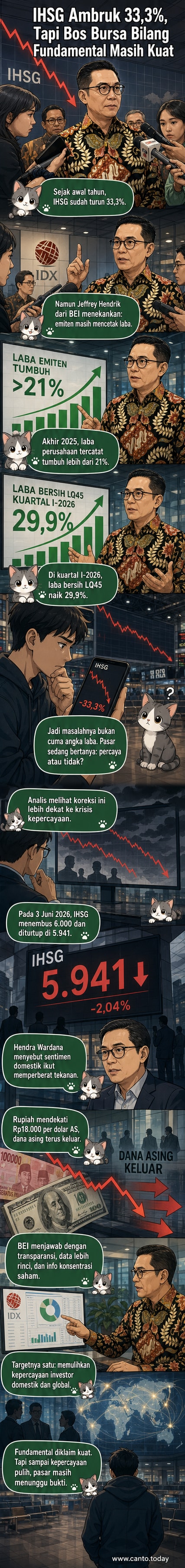 Grafik IHSG menunjukkan penurunan tajam sepanjang 2026, sementara ikon laba emiten menunjukkan pertumbuhan, menggambarkan ketimpangan antara fundamental dan sentimen pasar.