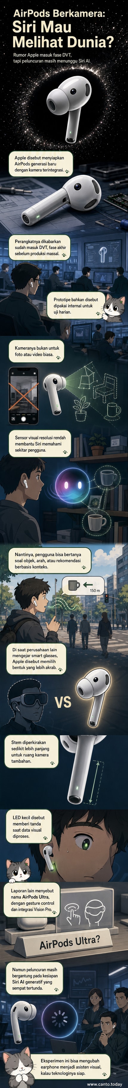 Ilustrasi AirPods dengan kamera kecil di batangnya, mengarah ke telinga seseorang yang sedang berjalan di jalanan kota, dengan simbol AI dan visual konteks di sekitar.