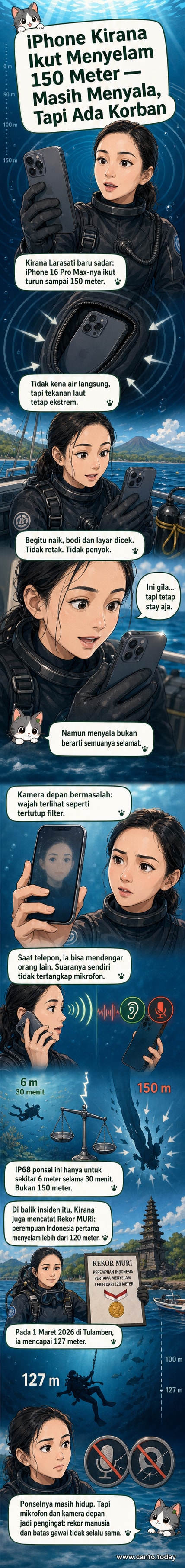 Ilustrasi ponsel iPhone 16 Pro Max menyelam di kedalaman laut biru gelap dengan tekanan tinggi, layar masih menyala redup