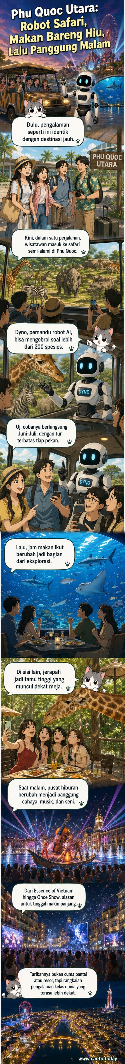 Robot pemandu wisata Dyno menjelaskan spesies hewan di safari Phu Quoc, dengan latar belakang kendaraan turis dan satwa liar bebas berkeliaran.