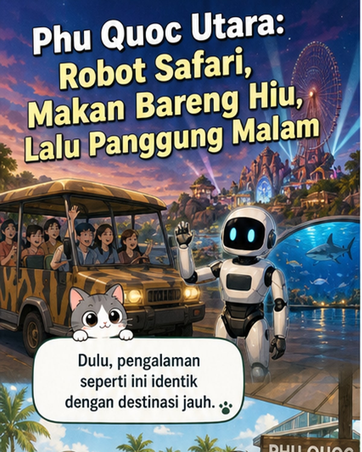 Robot pemandu wisata Dyno menjelaskan spesies hewan di safari Phu Quoc, dengan latar belakang kendaraan turis dan satwa liar bebas berkeliaran.