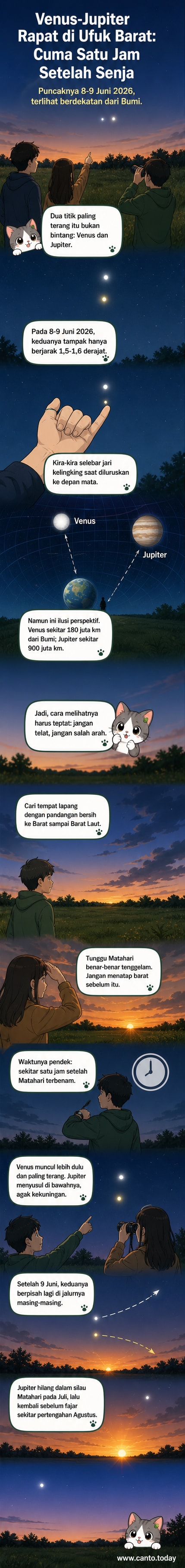 Ilustrasi Venus dan Jupiter tampak berdekatan di langit senja, dengan cahaya putih terang dari Venus dan cahaya kekuningan dari Jupiter di ufuk barat.