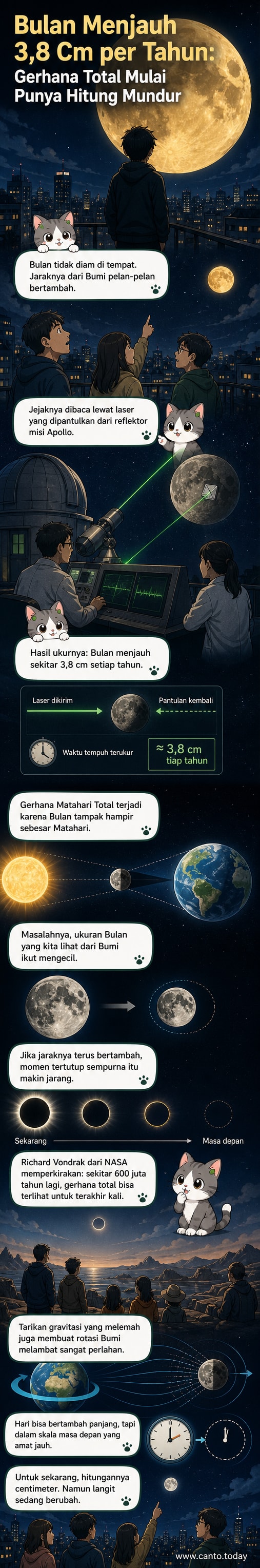 Ilustrasi Bulan yang perlahan menjauh dari Bumi, dengan panah menunjukkan arah pergerakan dan skala jarak yang bertambah setiap tahun.
